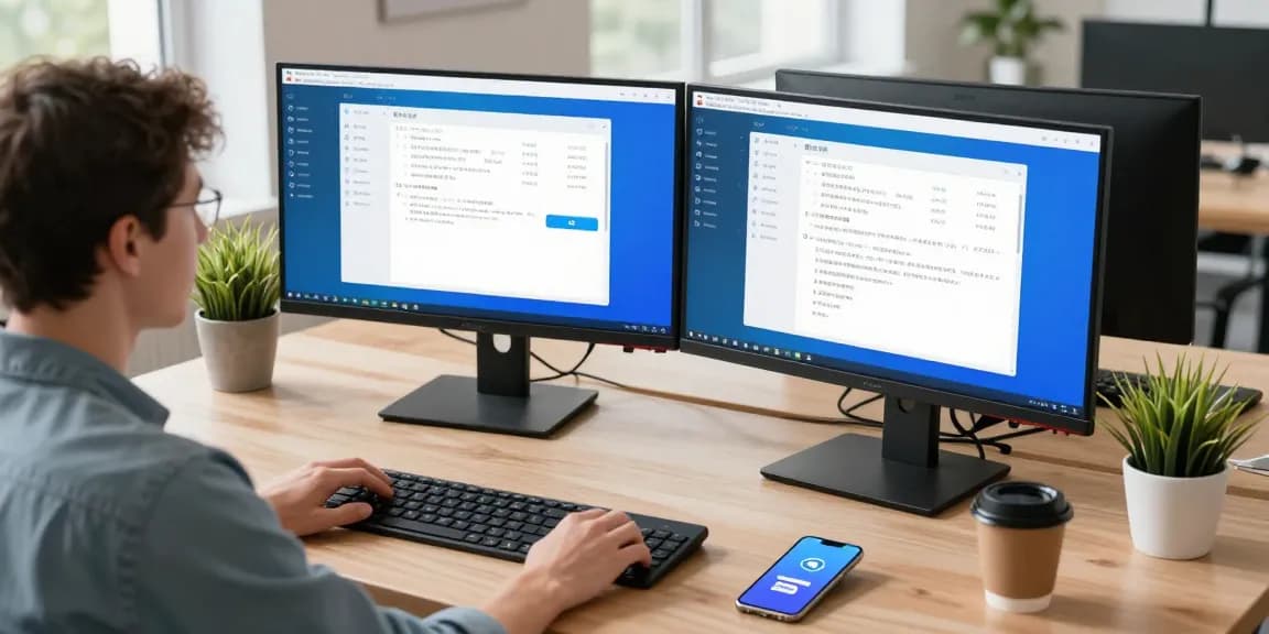Developer configuring Telegram Chinese interface in a modern workspace with dual monitors.