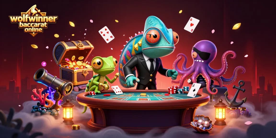 Engage with wolfwinner baccarat online as chameleon and gecko strategize at a vibrant baccarat table.
