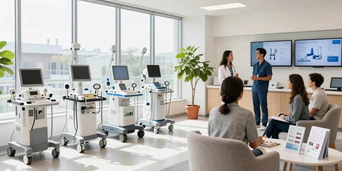 Explore medical equipment in Toronto with professionals showcasing devices in a bright, welcoming showroom environment.