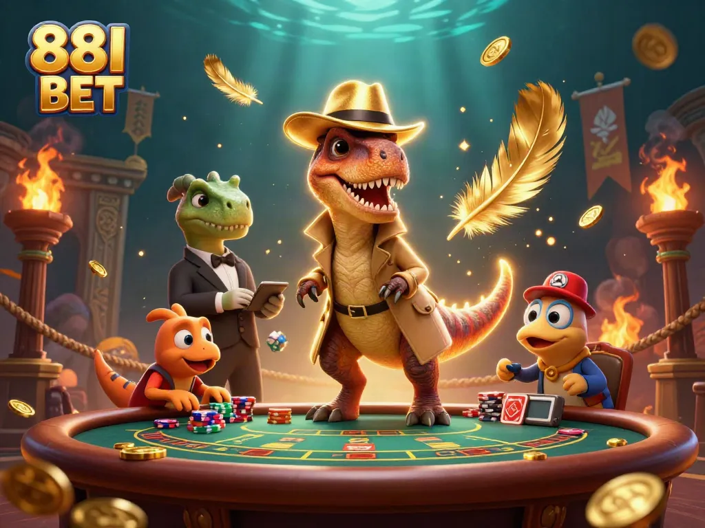 Experience the thrill of 88I BET as a velociraptor card counter navigates a casino scene.