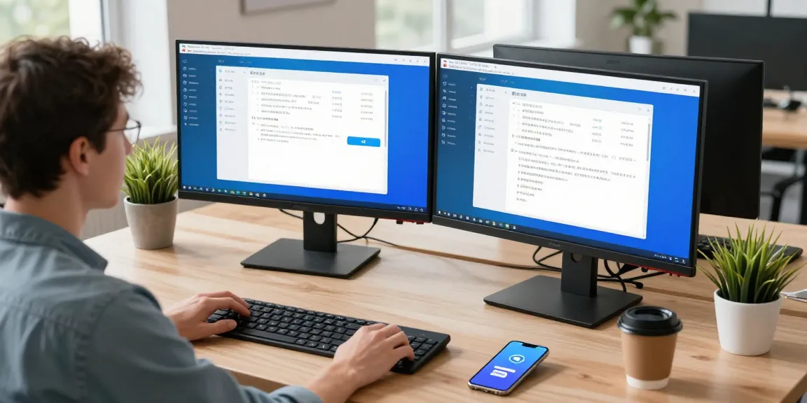Developer configuring Telegram Chinese interface in a modern workspace with dual monitors.
