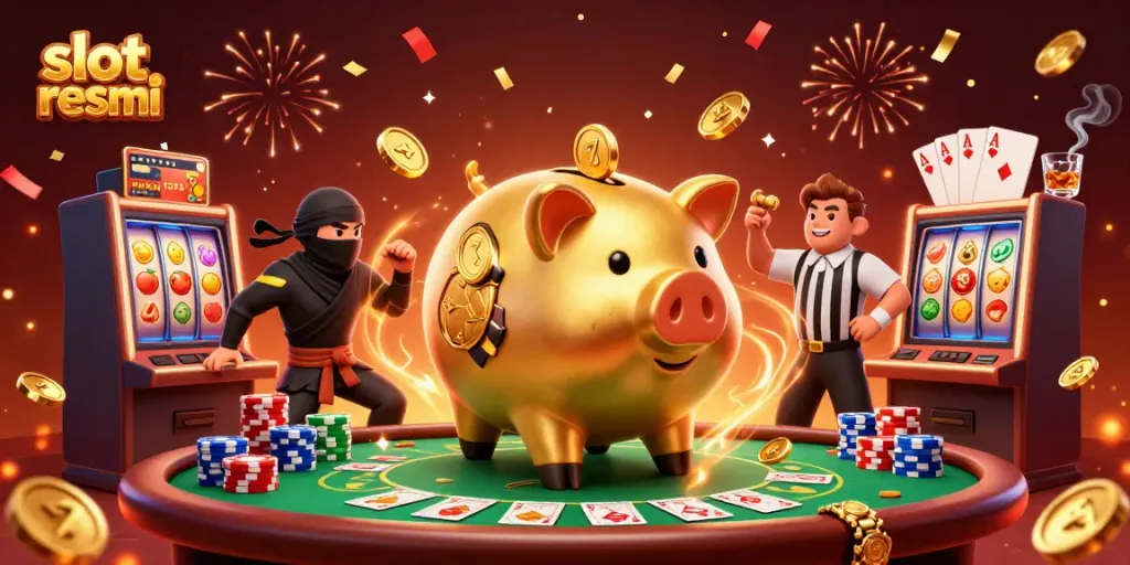Experience the excitement of slot resmi with golden piggy bank sumo wrestler, symbolizing jackpot thrills.