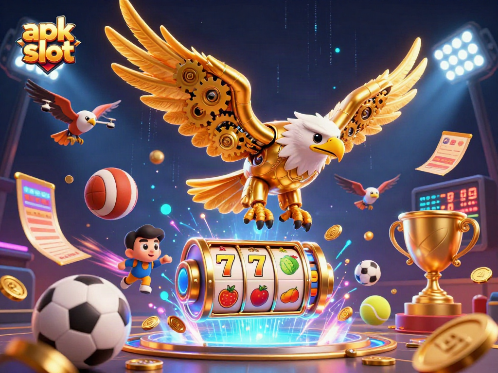Engage with exciting apk slot games, featuring a golden eagle among dynamic sports and casino elements.