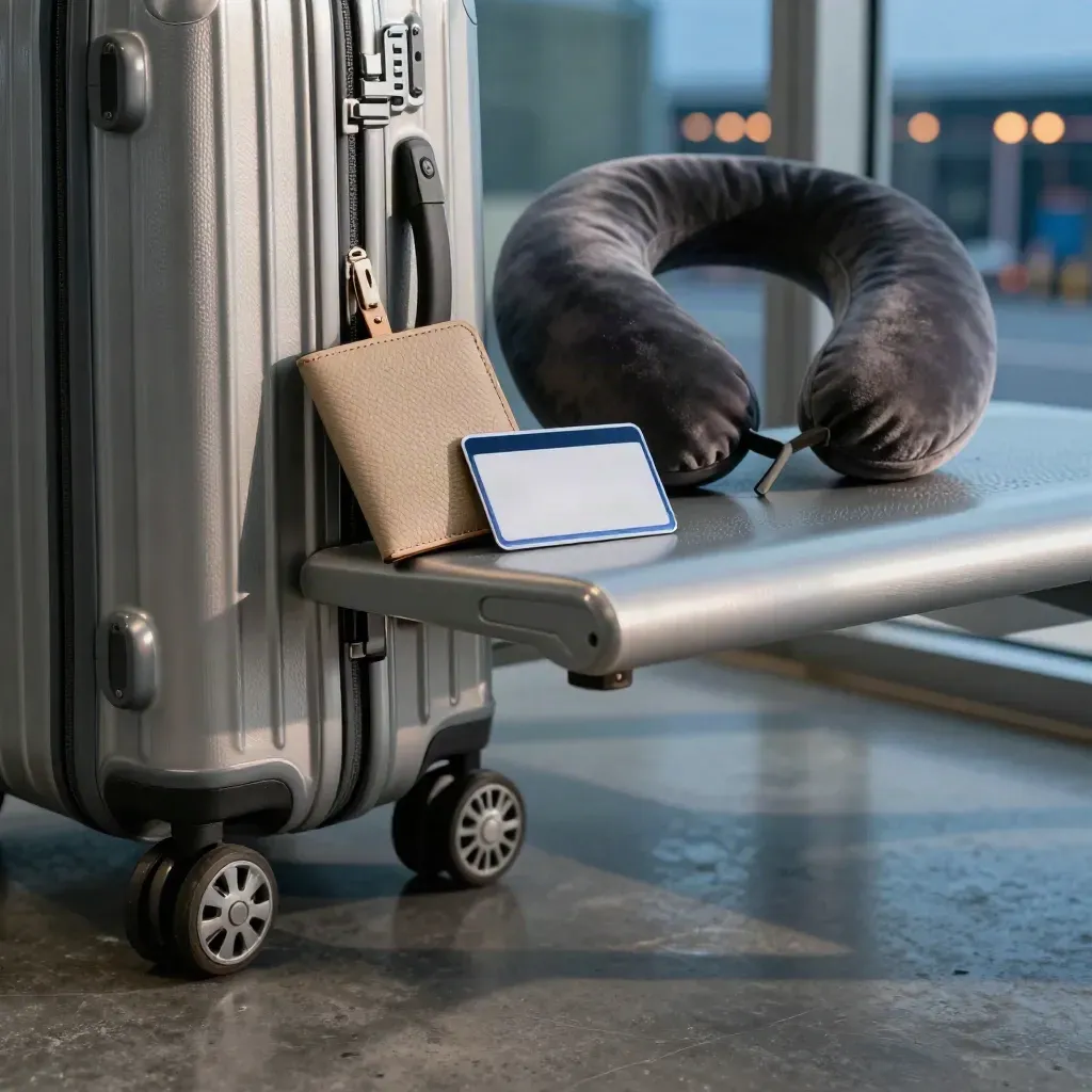 Travel kit on an airport bench at blue hour: carry-on, passport wallet, neck pillow, premium card.