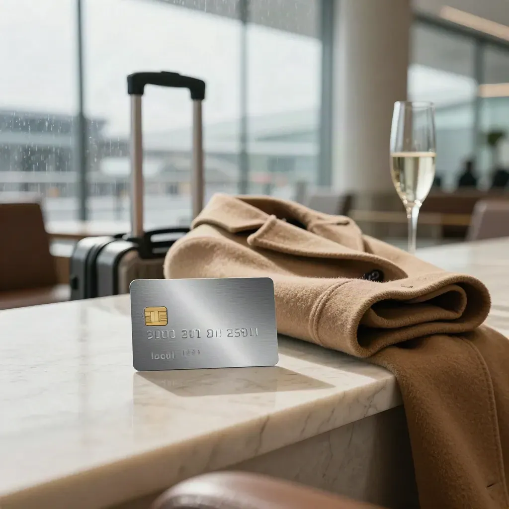 Platinum card on a marble lounge ledge with coat, carry-on handle, and champagne flute stem.