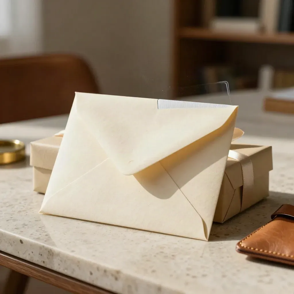 Welcome envelope, gift box, card edge and leather pouch on a travertine desk in warm light