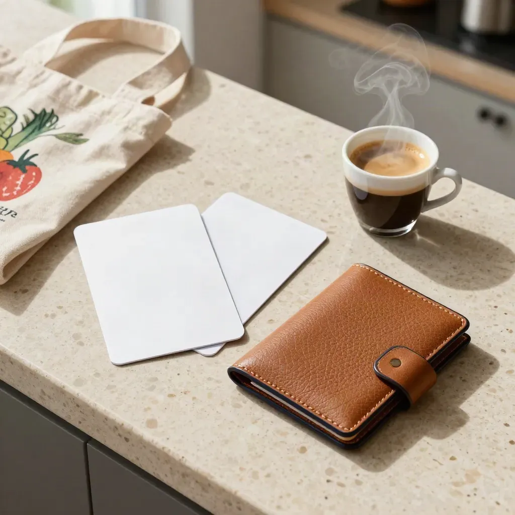 Top-down flatlay of premium cards, espresso, groceries and a travel wallet in warm window light.