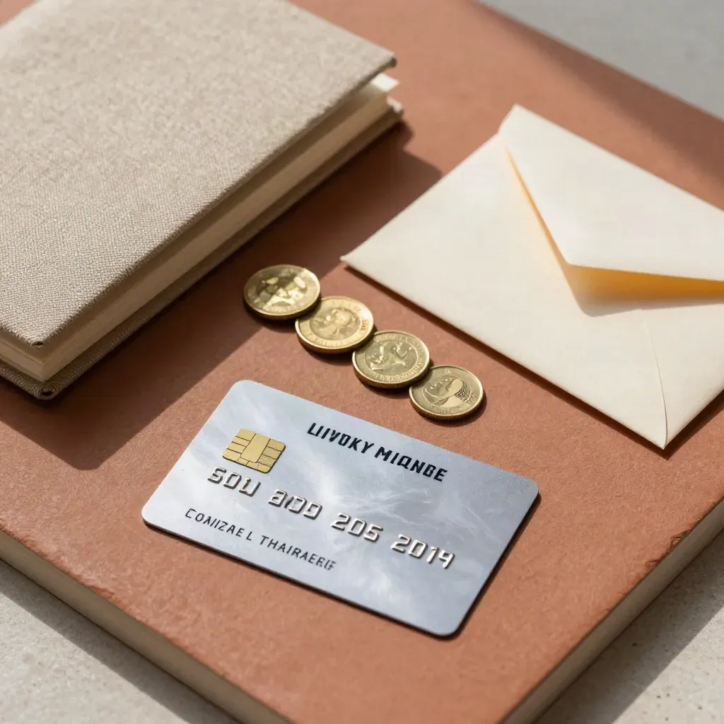 Top-down balance transfer card, closed notebook, face-down envelopes and brass coins on terracotta clay.
