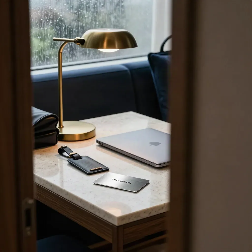 Premium suite scene with platinum card, luggage tag, closed laptop, and lamp base in rain-soft light