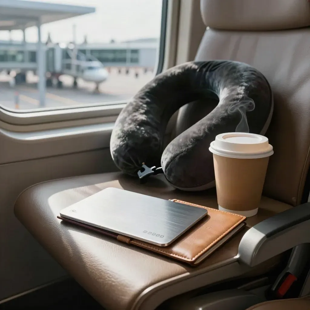 Airport seat still life with travel card, passport wallet, neck pillow, coffee cup and sunlit gate windows.