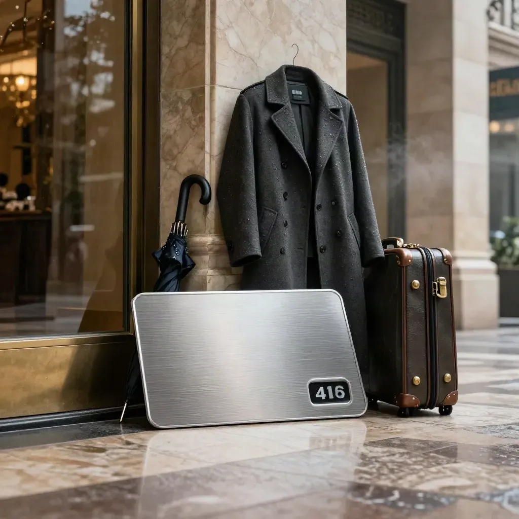 Wet travel gear and a premium card in a moody hotel lobby, lit by a raking side beam.