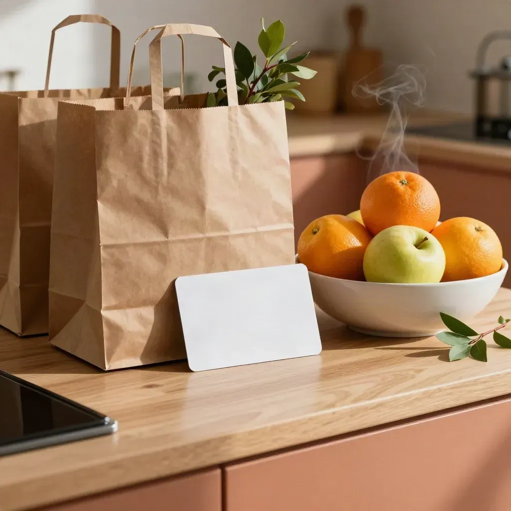 Warm kitchen scene with a blank cashback card, grocery bags, and a bowl of produce on an island.