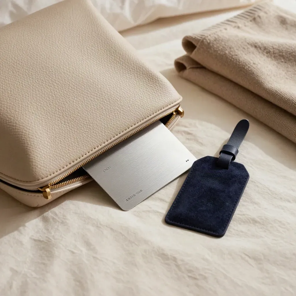 Top-down travel kit on a bed: pouch, premium card, suitcase tag and folded sweater in soft daylight.