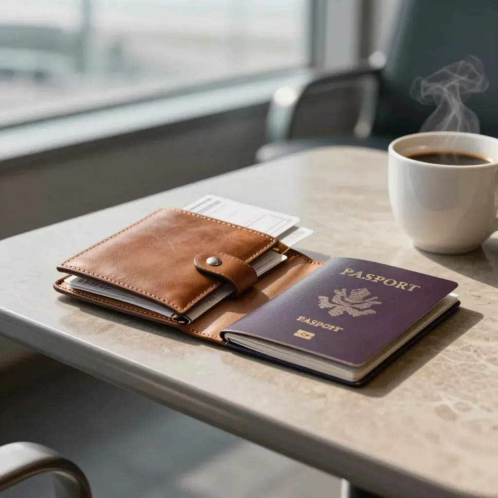 Travel wallet, itinerary cards, passport cover, and coffee cup on an airport lounge table.