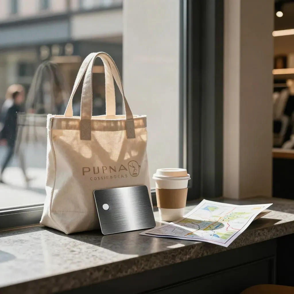 Shopping tote, metal cashback card, coffee sleeve and folded map by a bright storefront.
