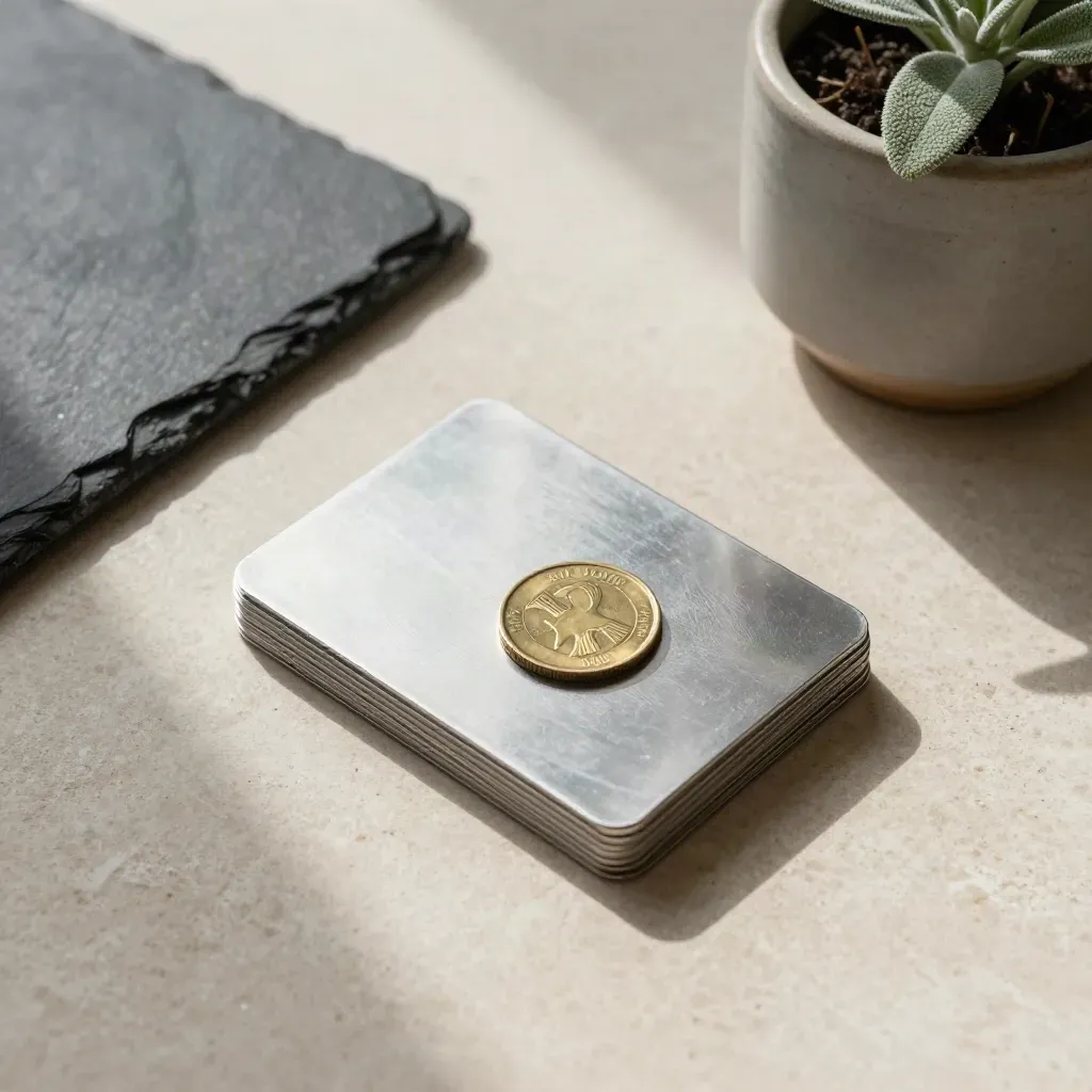 Top-down still life of stacked silver cards, brass coin, slate weight and small plant on stone.