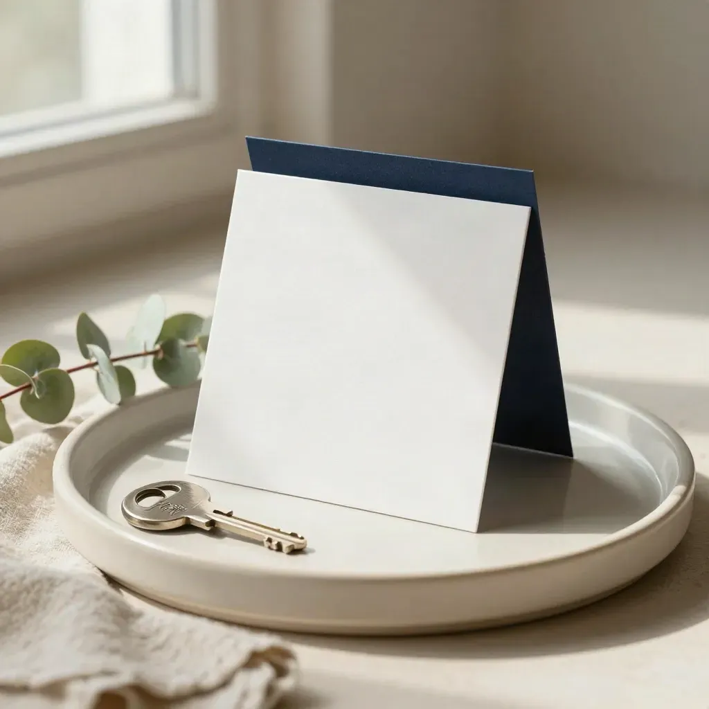 Blank premium card in ceramic tray with key, linen cloth, and eucalyptus sprig
