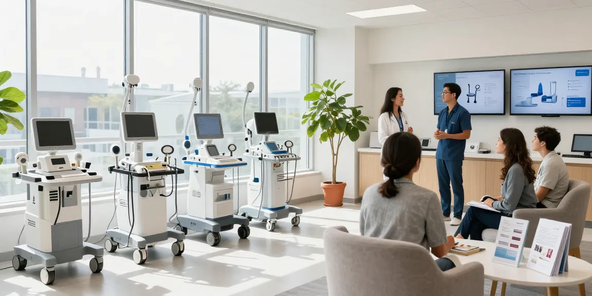 Explore medical equipment in Toronto with professionals showcasing devices in a bright, welcoming showroom environment.