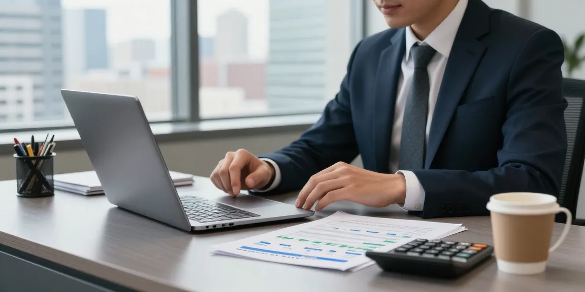 Proof of funds calculator Canada used by professional in a modern workspace, highlighting financial organization and planning.