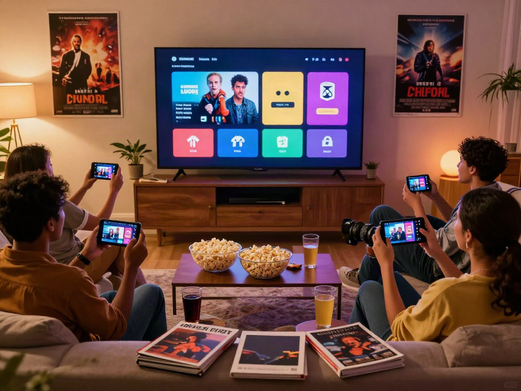 Friends enjoying a movie box night with vibrant streaming on a big screen