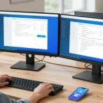 Developer configuring Telegram Chinese interface in a modern workspace with dual monitors.