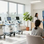 Explore medical equipment in Toronto with professionals showcasing devices in a bright, welcoming showroom environment.