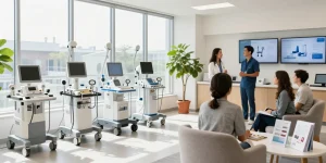 Explore medical equipment in Toronto with professionals showcasing devices in a bright, welcoming showroom environment.